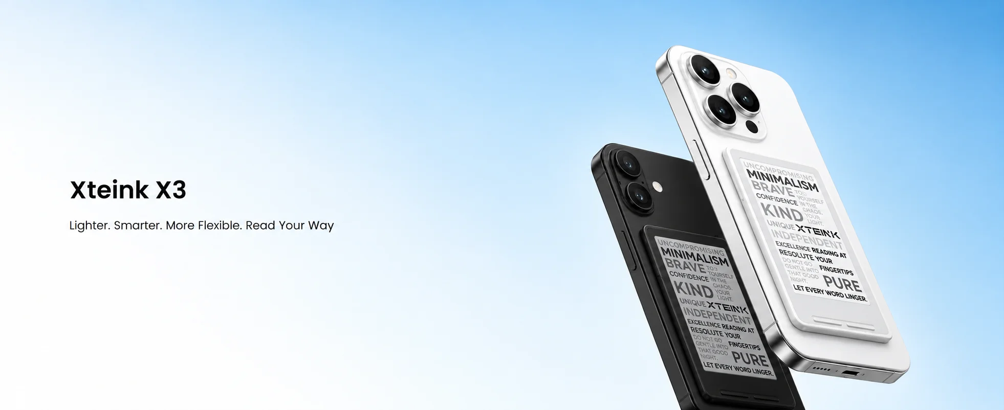 XTEINK X3 e-readers in black and white attached to smartphones