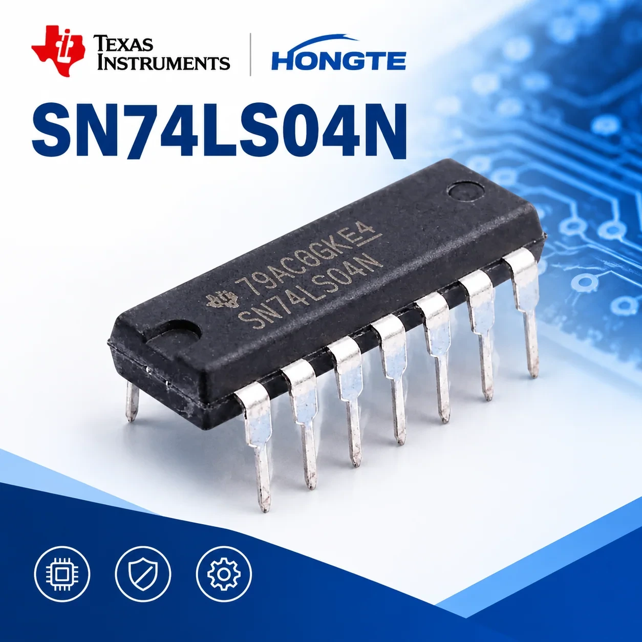 SN74LS04N: Фотография верхней стороны SN74LS04N; исходные маркировки сохранены.