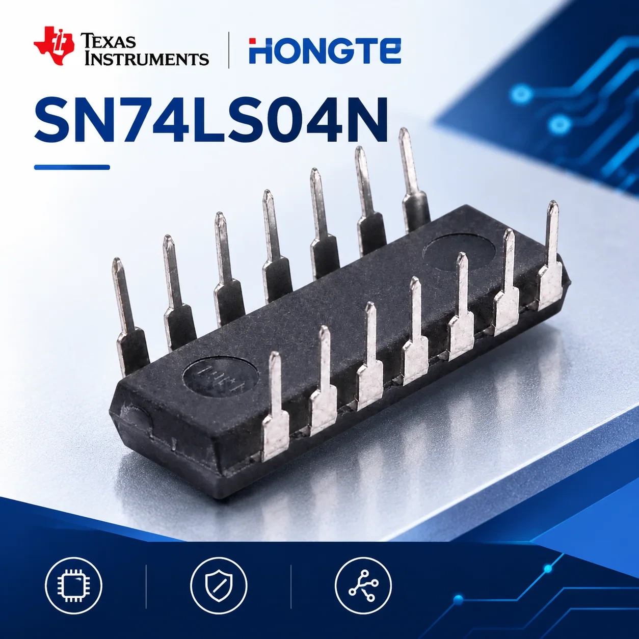 SN74LS04N: Фотография нижней стороны SN74LS04N; корпус и выводы сохранены.