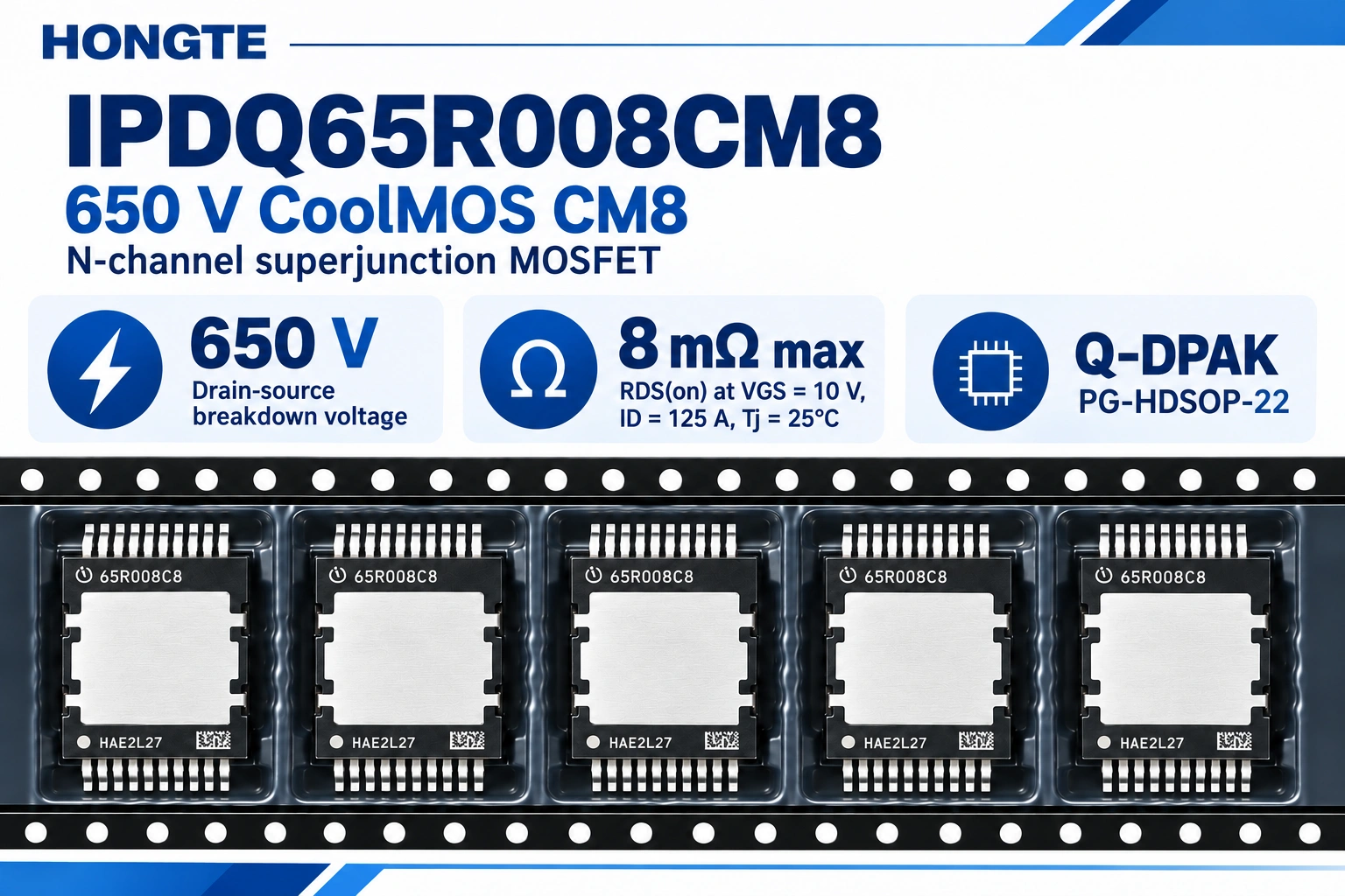 IPDQ65R008CM8 specification illustration: 650 V, 8 milliohms maximum and Q-DPAK package