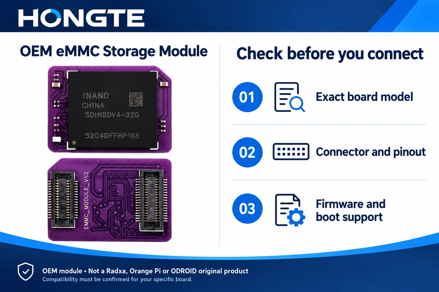 OEM eMMC compatibility checklist: exact board model, connector and pinout, firmware and boot support