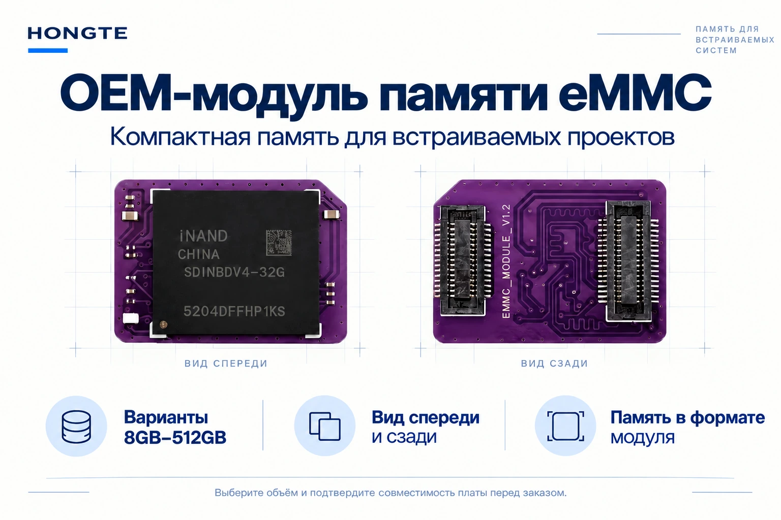 OEM-модуль памяти eMMC — вид спереди и сзади, варианты от 8GB до 512GB