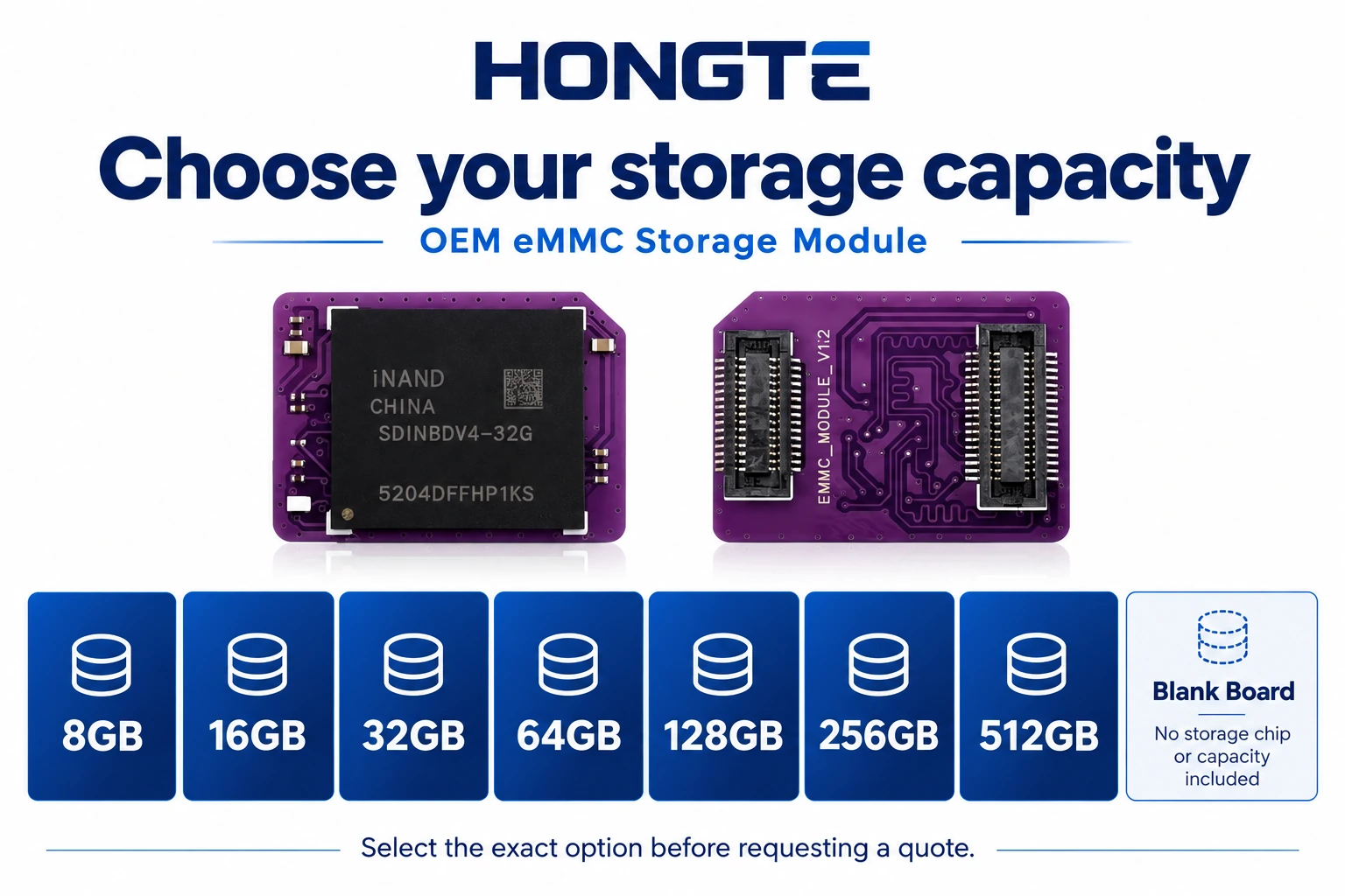 OEM eMMC options: 8GB, 16GB, 32GB, 64GB, 128GB, 256GB, 512GB and a separate Blank Board