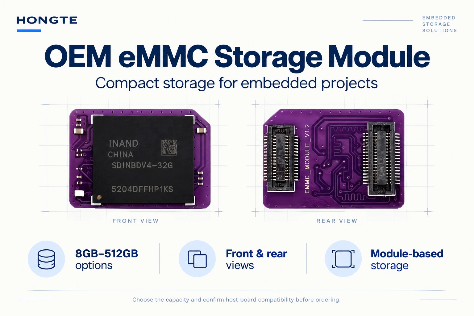 OEM eMMC storage module overview with front and rear views and capacity options from 8GB to 512GB