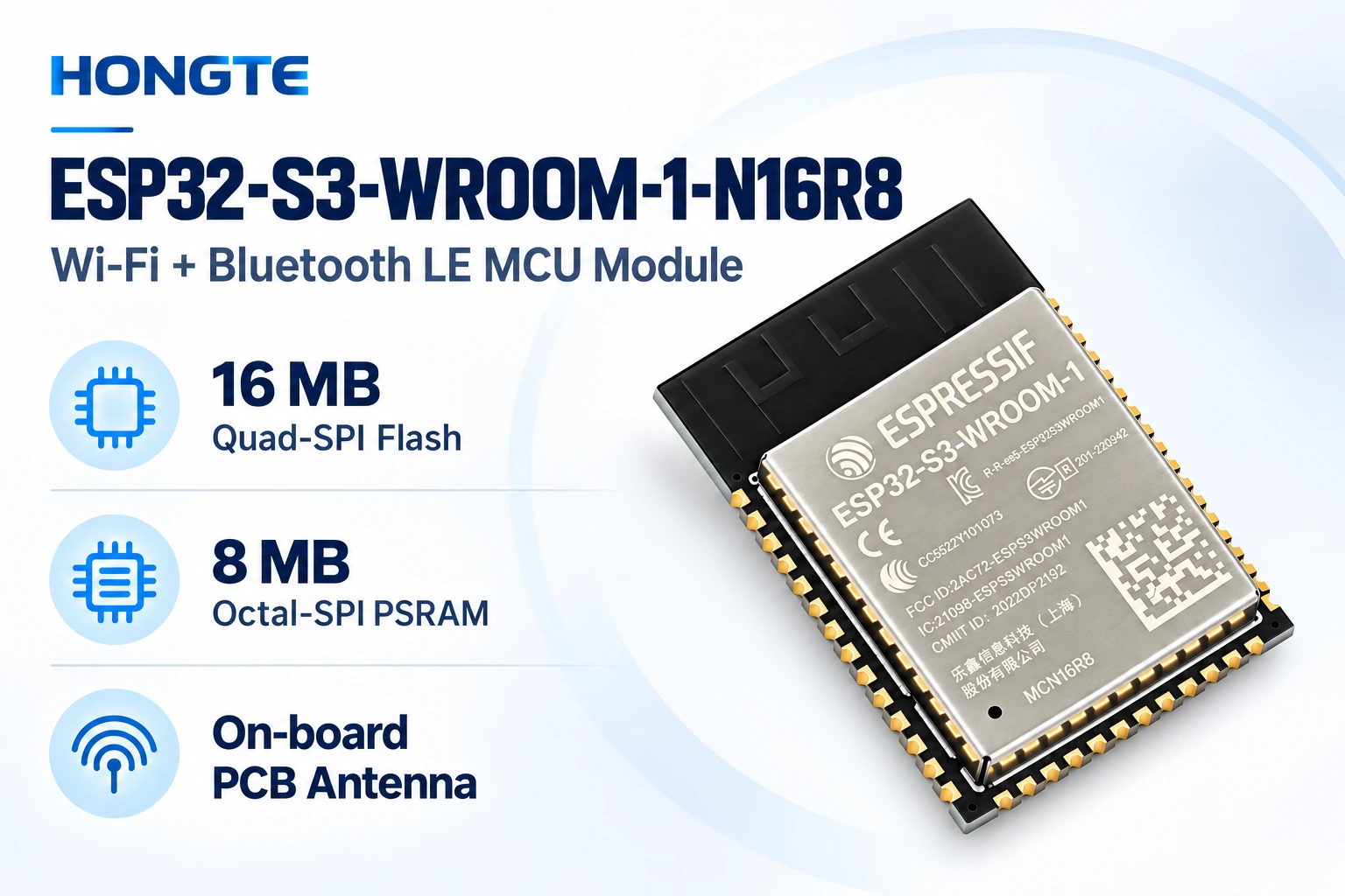 ESP32-S3-WROOM-1-N16R8 module memory and antenna overview
