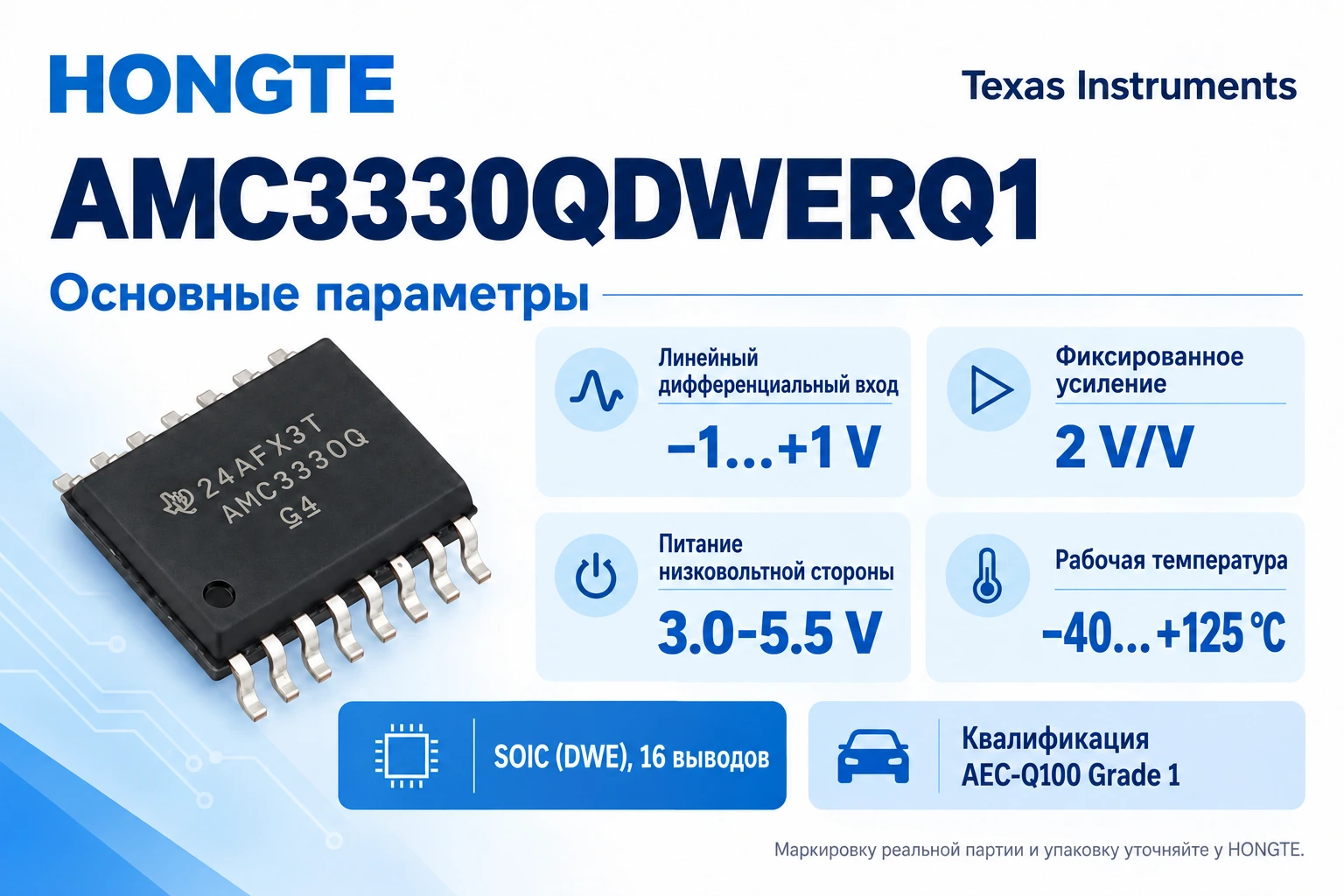 AMC3330QDWERQ1: Вход −1…+1 V, усиление 2 V/V, питание 3.0–5.5 V, AEC-Q100 Grade 1.