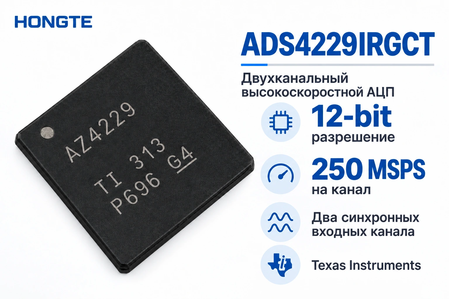 ADS4229IRGCT — двухканальный высокоскоростной АЦП, 12 бит, 250 MSPS на канал