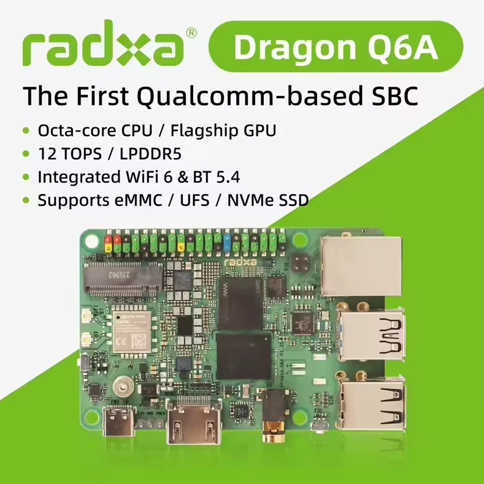 Radxa Dragon Q6A product overview showing the board and key platform features