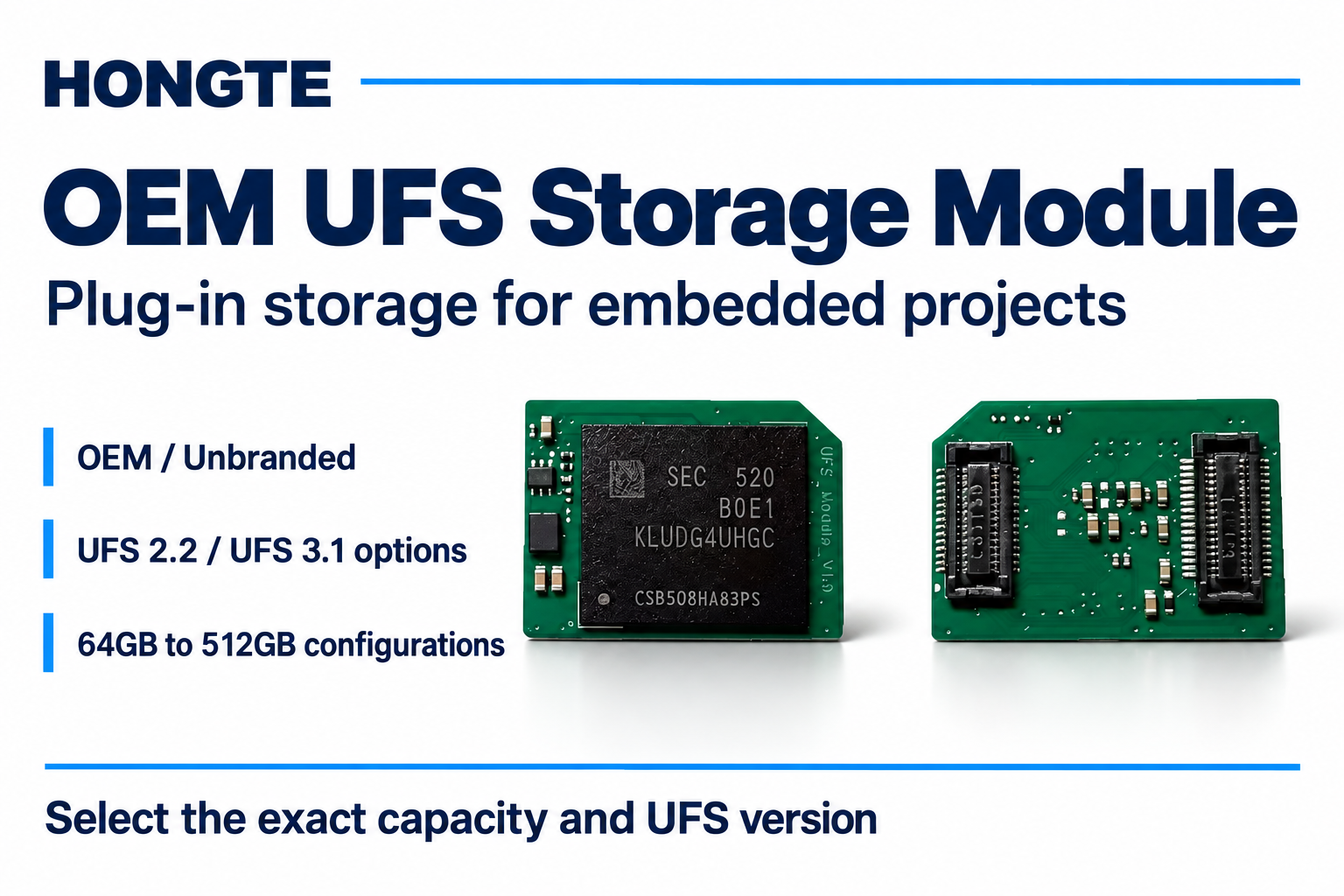 OEM UFS Storage Module overview: front and underside views, OEM identity, and available capacity and UFS version options.