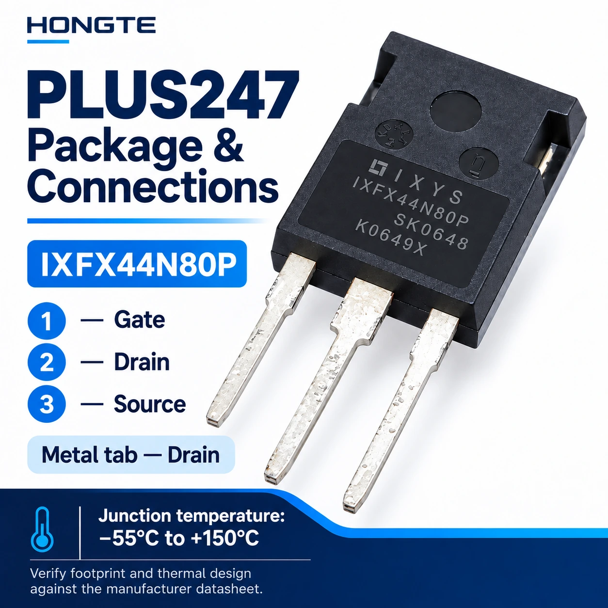 IXFX44N80P PLUS247 package connections: pin 1 gate, pin 2 drain, pin 3 source and drain-connected metal tab