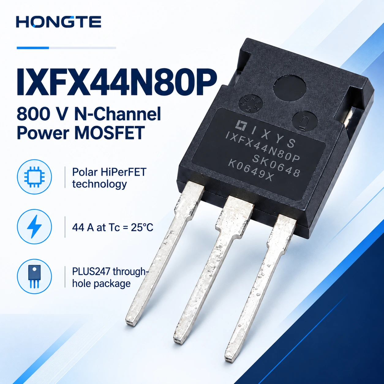 IXFX44N80P overview: 800 V N-channel Polar HiPerFET MOSFET, 44 A at case temperature 25 degrees Celsius, PLUS247 package