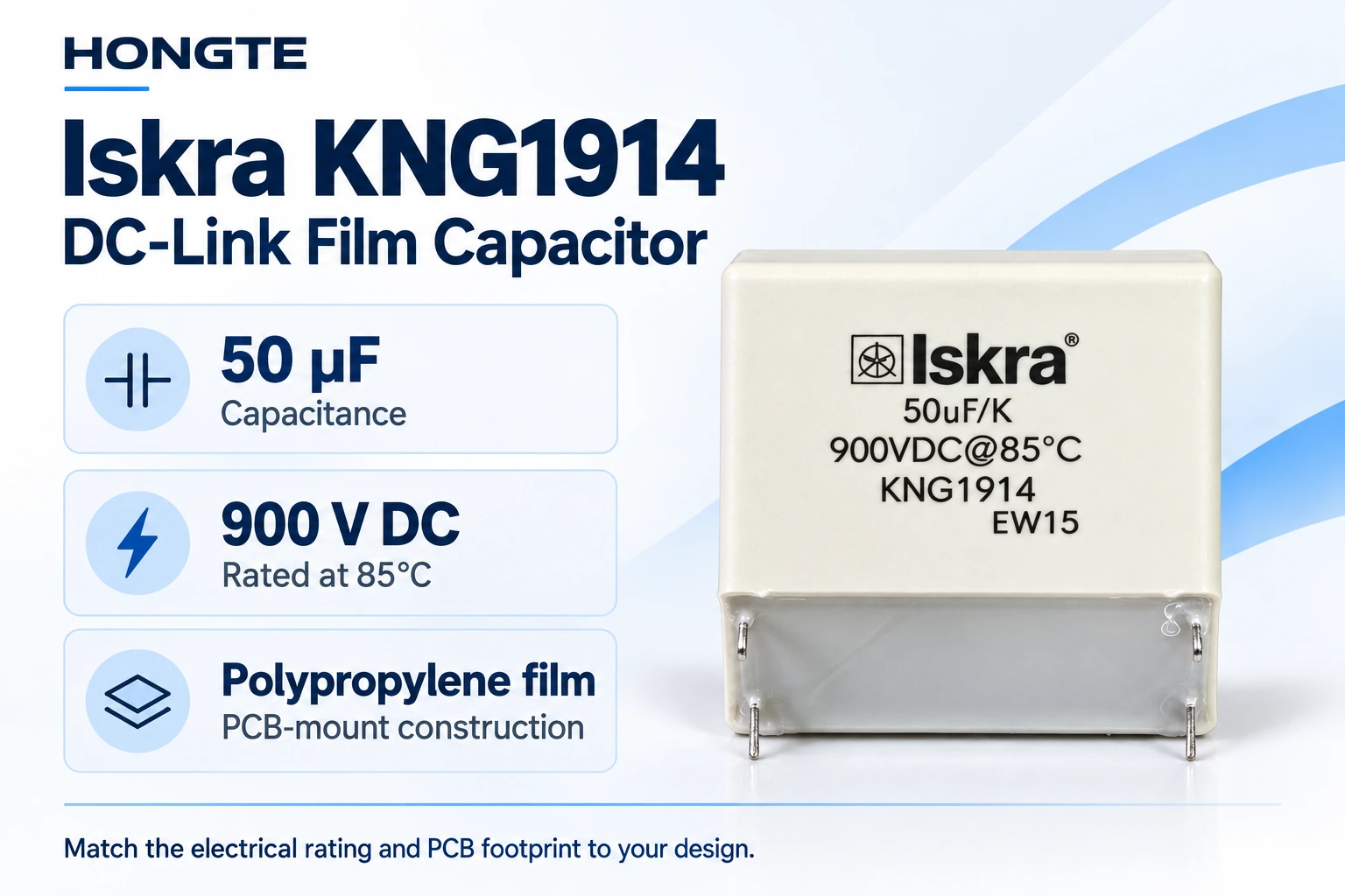 Iskra KNG1914 50 microfarad 900V DC-link film capacitor specification overview