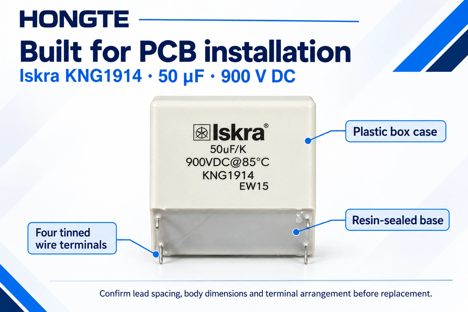 Iskra KNG1914 box case, resin-sealed base and four tinned wire terminals