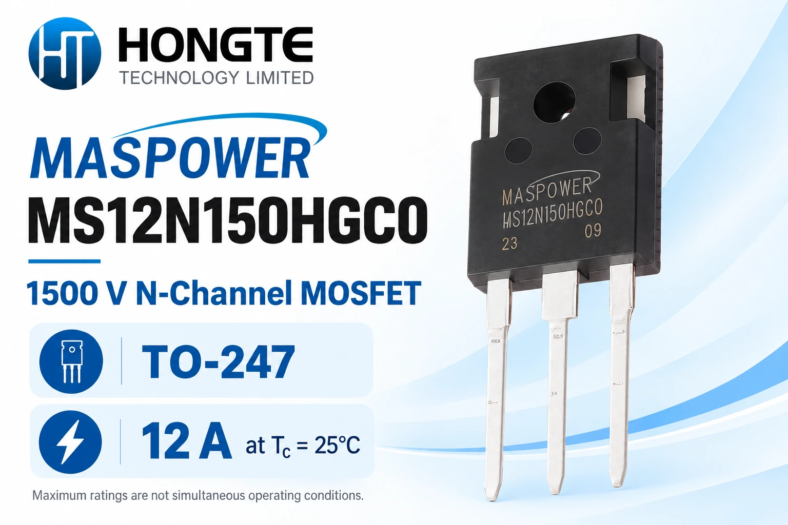 HONGTE MS12N150HGC0 product overview graphic: 1500V N-channel MOSFET, TO-247, 12A at Tc 25°C