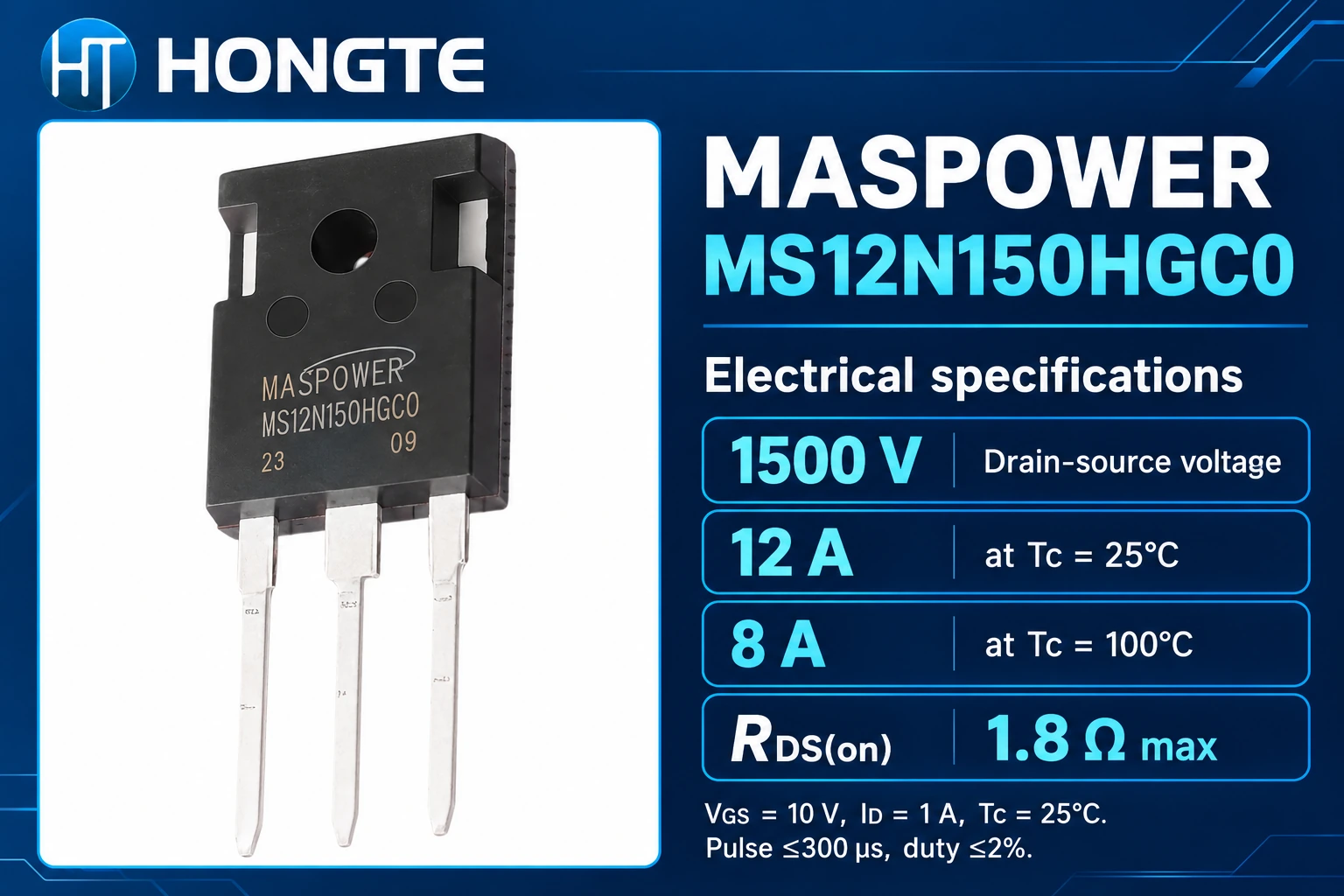 MS12N150HGC0 electrical specifications graphic showing voltage, temperature-dependent current and RDS(on) test conditions