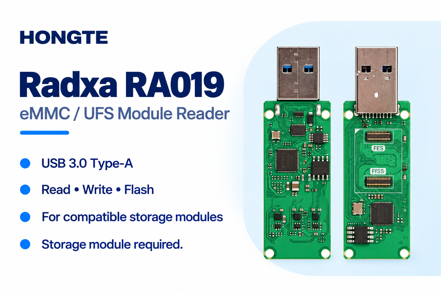 Radxa RA019 eMMC and UFS module reader overview with front and rear views